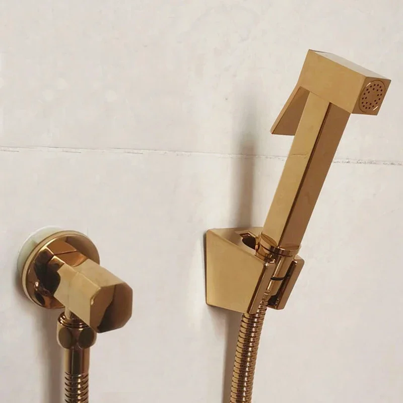 

Hand Held Bidet Sprayer Douche Toilet Kit Shiny Gold Brass Square Shattaf Shower Head Copper Valve Set Jet Bidet Faucet GD12