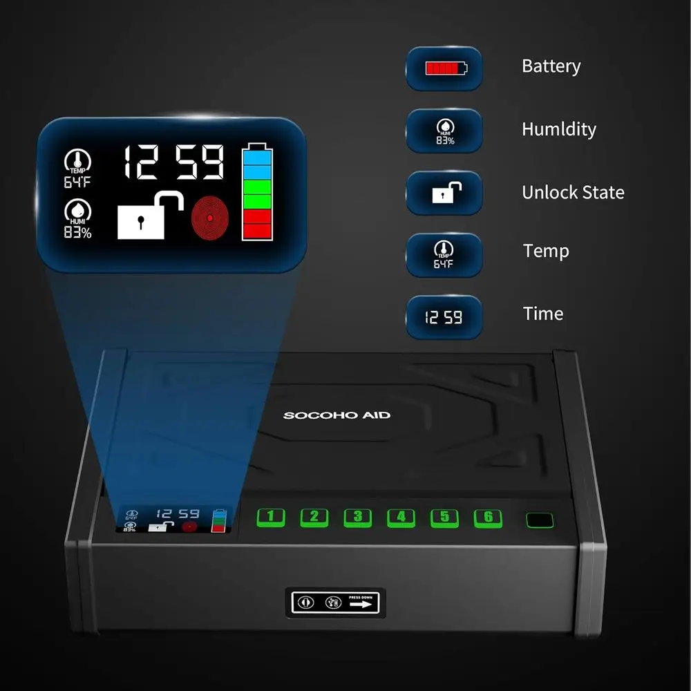 Fingerprint Access Biometric Pistol Safe with LCD Display for Temperature, Humidity, and Time Monitoring, 3-Method Unlock for Tw