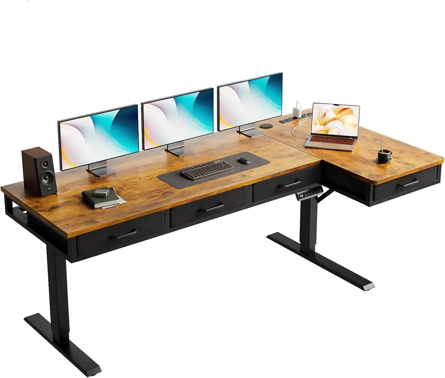 63 Inch L Shaped Electric Standing Desk with Drawers, Height Adjustable Large Desk with Power Outlets