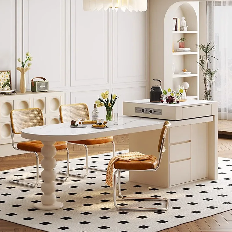 

Island Platform Cream Wind Retractable Dining Table Integrated Multi-functional Apartment Arc Island Rock Slab Dining Table