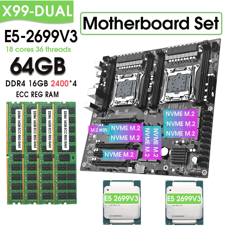 

комбинированный двойной X99 кон XEON E5 2699 V3*2 y 4*16 ГБ = 64 ГБ 2400 МГц DDR4 ECC REG memoria LGA2011 V3 V4 M.2 SATA3.0