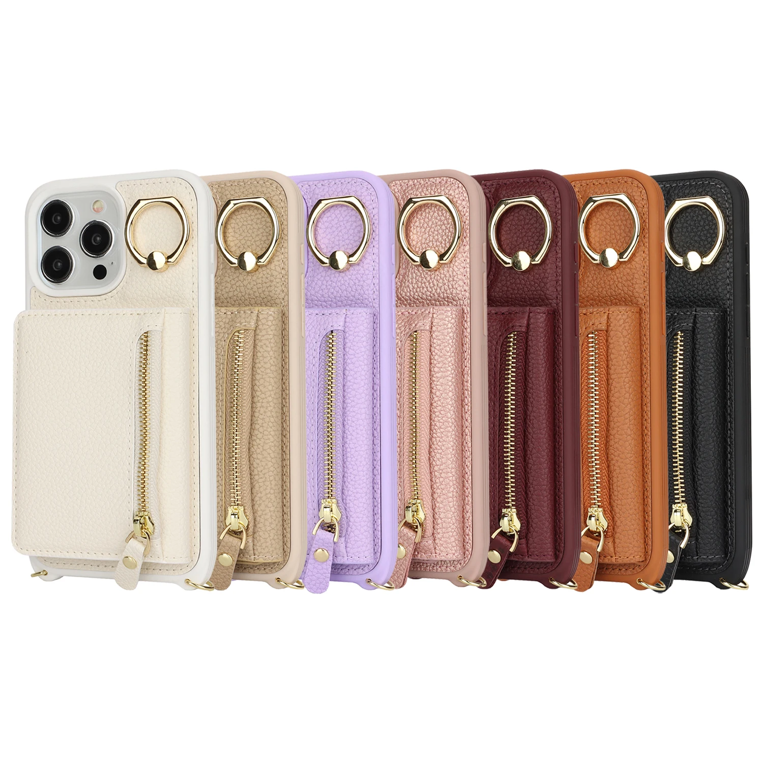 Leather Phone Wallet Case For Iphone 15 14 13 12 11 Pro Max XS X XR Protective Leather Cover Ring Holder Zipper Cards Holder