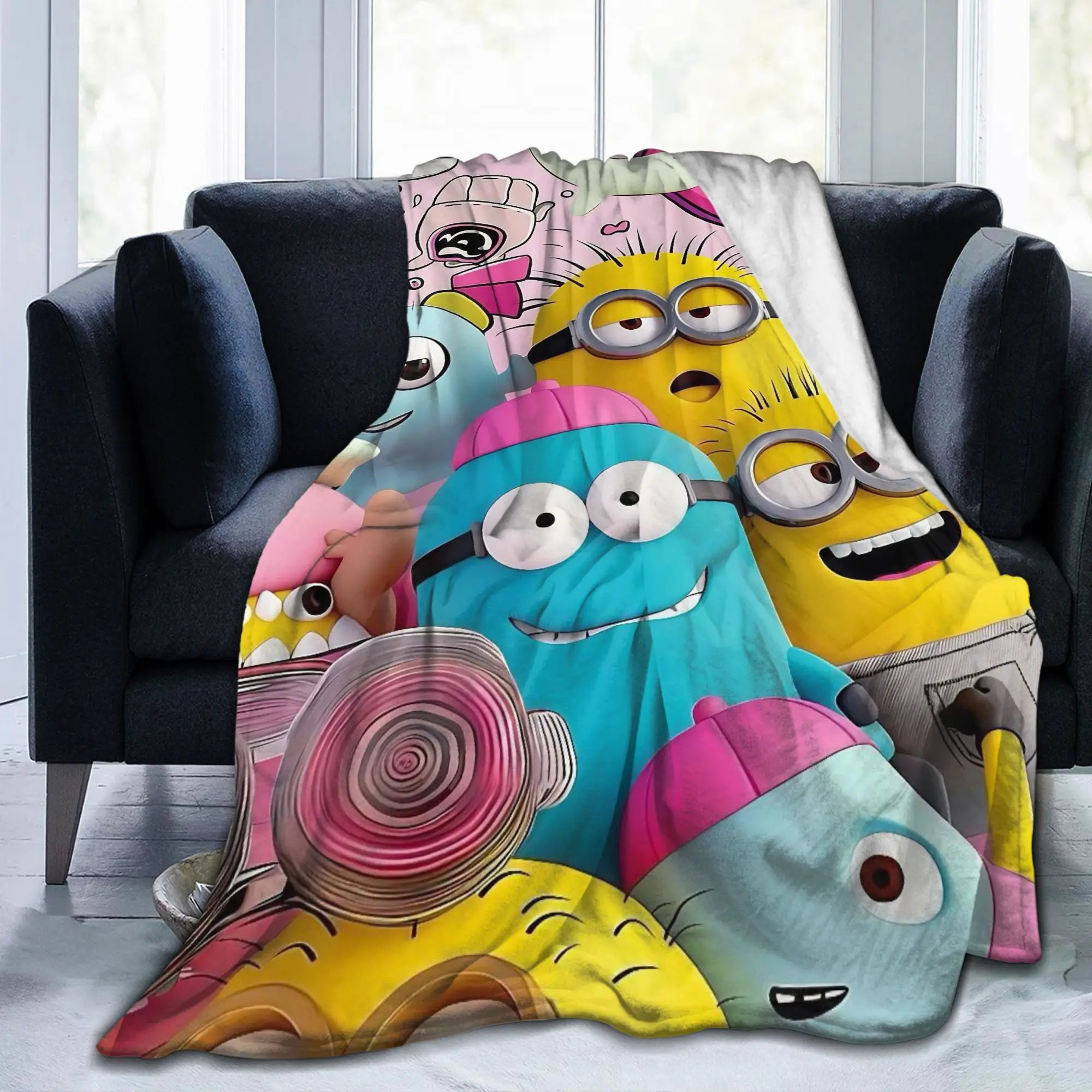 Cute Anime M-Miniones Blanket Fleece Decoration   Multifunction Super Warm Throw Blanket for Home Office Plush Thin Quilt