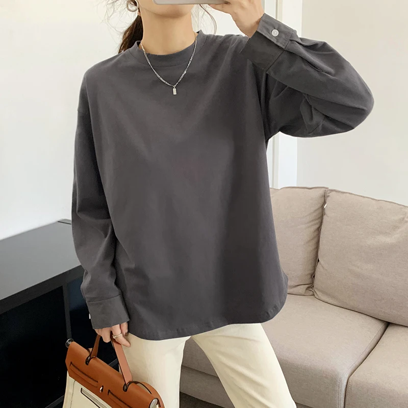 

Женская хлопковая рубашка оверсайз с круглым вырезом, серые и синие блузы для женщин, элегантная рубашка с длинным рукавом на весну и осень 2022, белая Повседневная Блузка