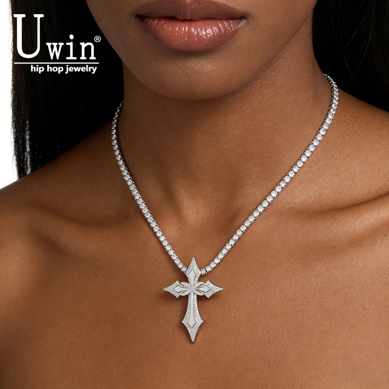 

Uwin Ice Blade Sharp Cross Pendant Full Iced Out Bling Cubic Zirconia Multi Layer Necklace Luxury Hiphop Jewelry