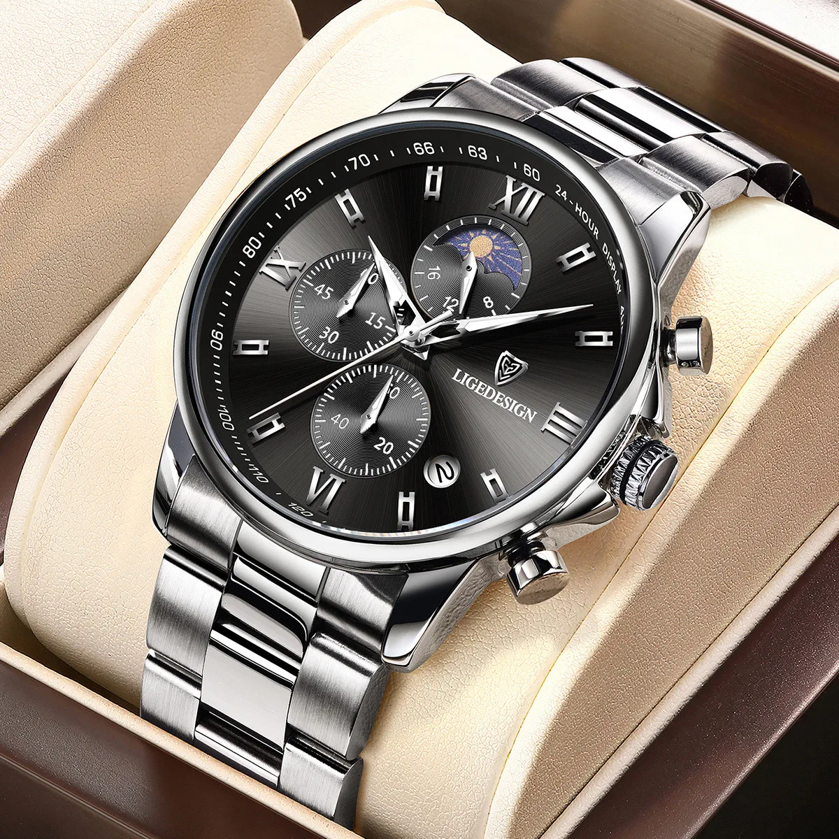 LIGE ساعة رجالية فاخرة موضة الأعمال القمر المرحلة كوارتز ساعات رجالية مقاوم للماء الفولاذ المقاوم للصدأ رجل ساعة كرونوغراف على مدار الساعة
