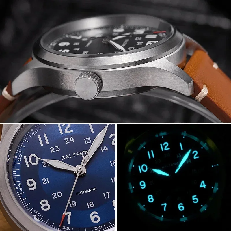Baltany 2023 المجال العسكري التلقائي ساعات آلية NH35 التلقائي الياقوت 100 متر مقاوم للماء التقويم خمر تحية الساعات