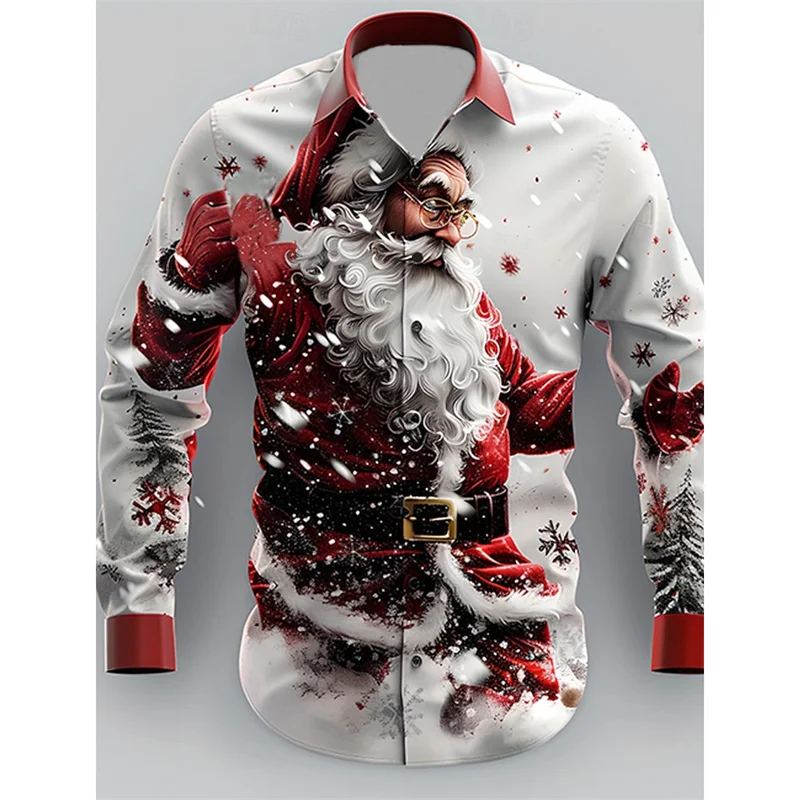 Santa Claus Tree Pattern Hawaiian Shirts For Men Merry Christmas 3D Printed Blouse Casual Loose Aloha Shirts Long Sleeves Tops