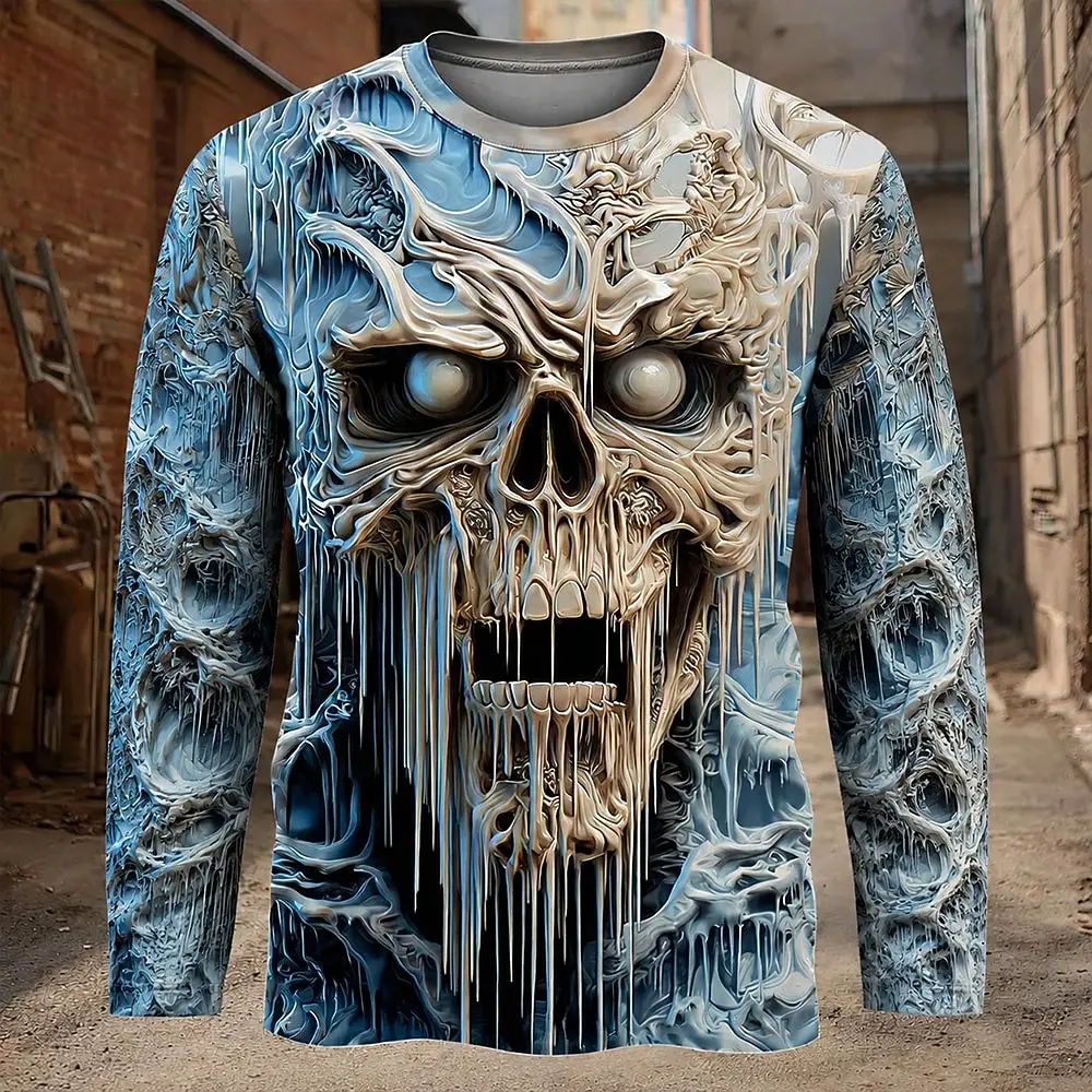 Men's 3D Melting Skull Graphic Long Sleeve Tee Gothic Horror Werewolf Full Moon Print Crew Neck Casual Halloween Streetwear Top