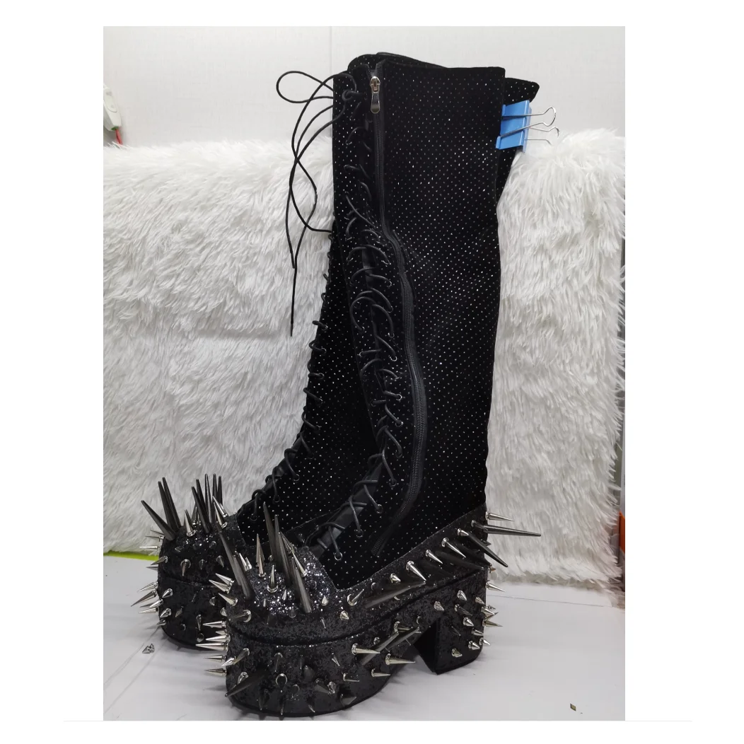 Black Lace Up Rivet Diamond Boots Platform Round Toe Chunky Heel Fashionable Cool Western Winter Woman Shoes Zapatillas Mujer