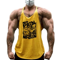 NO PAIN NO GAIN Print Gym Fitness T-Shirt Mens Bodybuilding Sport Sleeveless Vests Cotton Breathable Y-back Suspenders Tank Tops