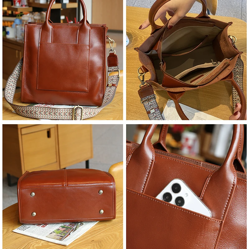 2023 Women\'s Bag Genuine Leather Tote Handbag Female Vegetable Tanned Cowhide Leather Crossbody Messenger Briefcase Shoulder Bag