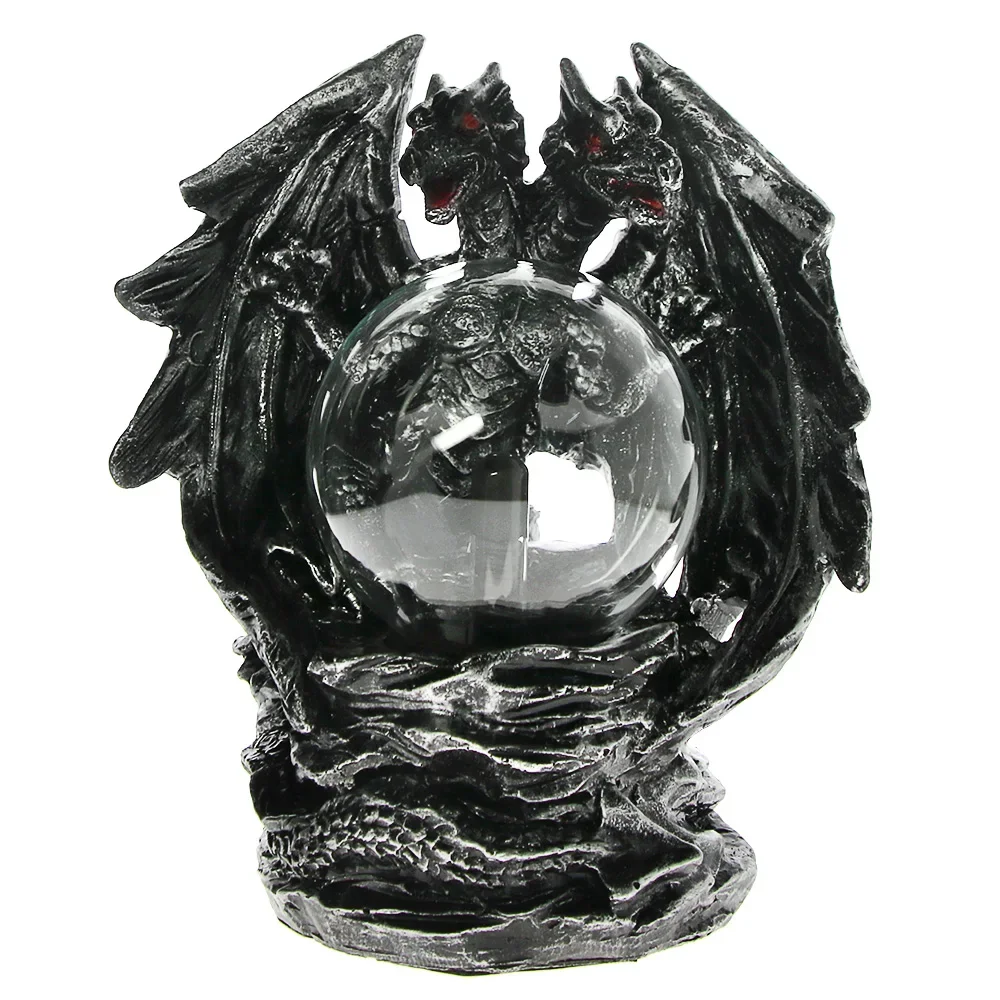 Gothic Sculpted Two Head Dragon Statue, Resin Dragon Figurine Ornament with Glowing Plasma Sphere Desktop Decoration