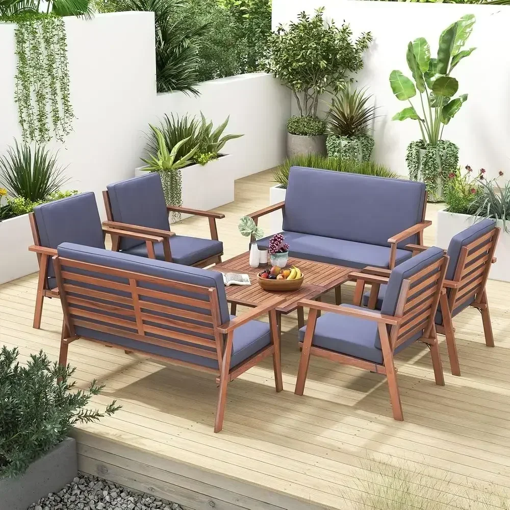 8-Piece Acacia Wood Outdoor Sofa Set with Cushions for Patio, Backyard, Poolside, Garden (Gray)