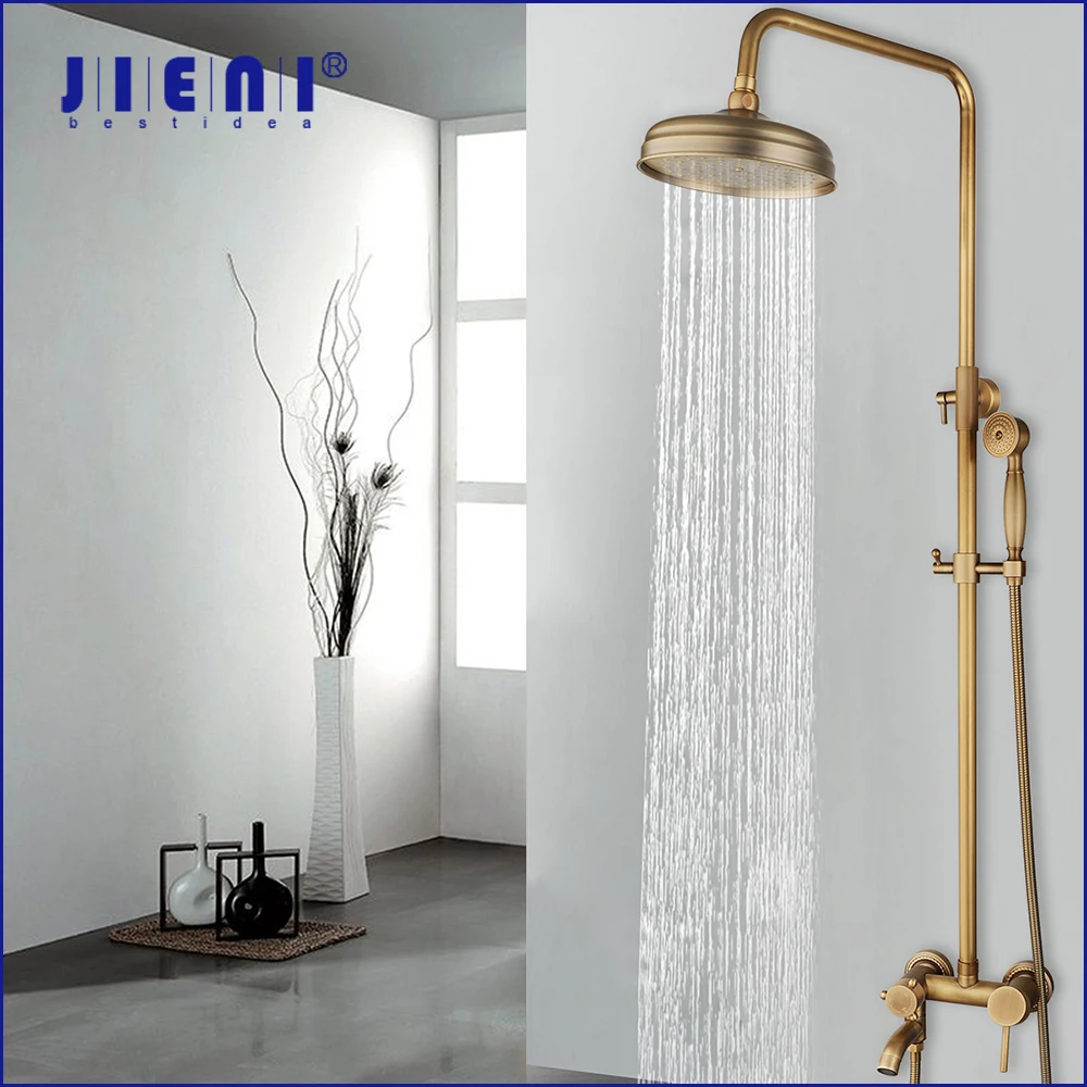 JIENI Rainfall Bathroom Shower Faucet Set Antique Brass Multifunctional Shower Sets 8'' Round Shower Head W/ Handheld Showerhead