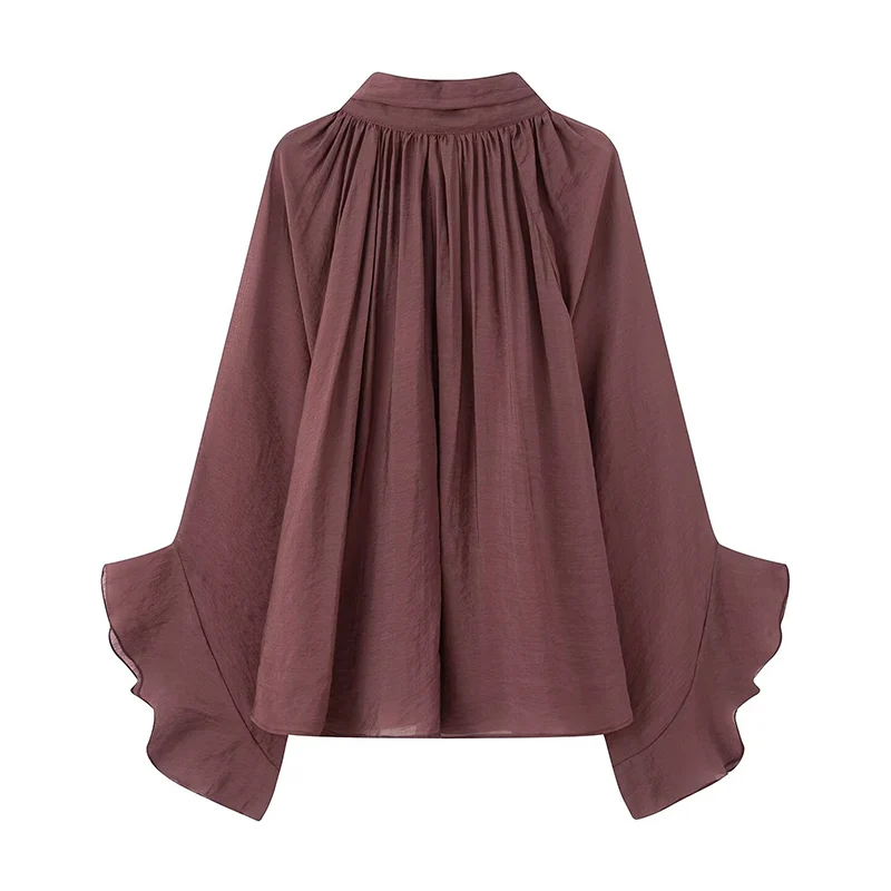 Perspective Women Shirt 2025 Autumn New Bow Tied Blouse Woman Tops Lady Ruffles Flare Sleeve Loose Elegant Blouses