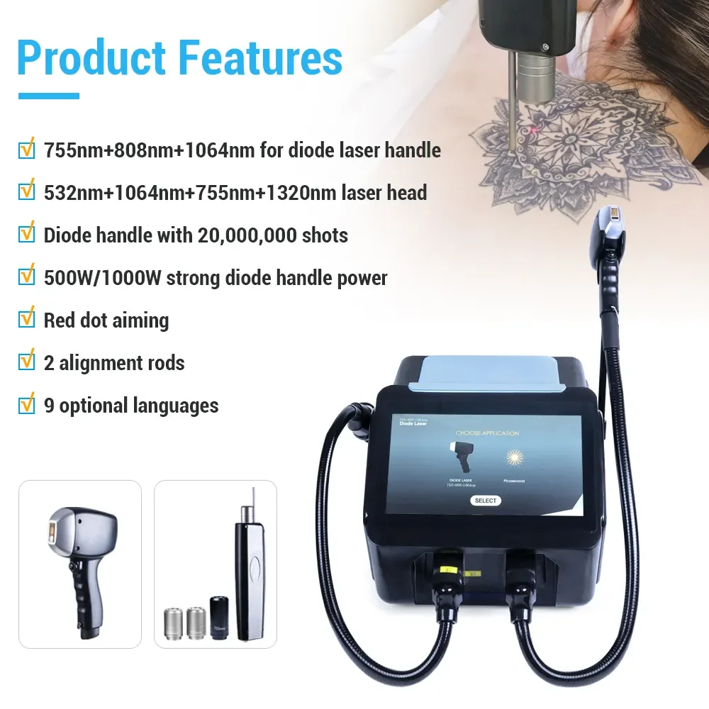 Diode Laser Picotech 2 in 1 Hair Removal Machine Nd Yag Tattoo Removal Carbon Peel Facial Professional Beauty Salon Equipment