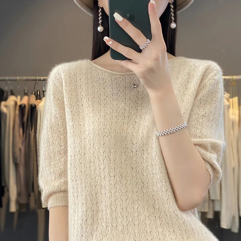 Summer 100% wool knitted pullover women's sweater T-shirt exquisite hollow short sleeved women's O-neck thin sweater hot selling