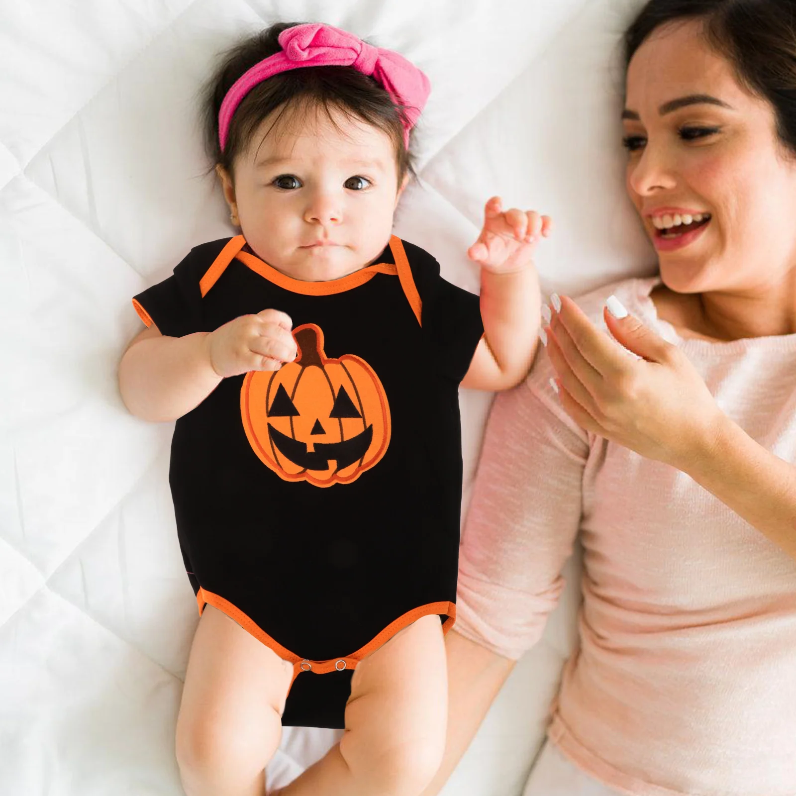 

Newborn Baby Pumpkin Halloween Bodysuit Romper Short Sleeve Set Headband Infant Fall Party Outfit Baby Girl Boy First Halloween