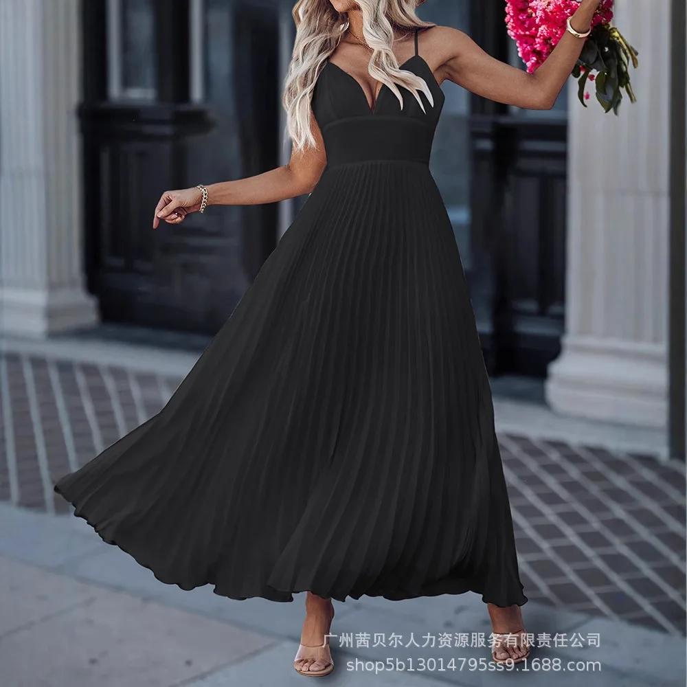 Leibchen Plissee Kleider Frauen Pullover Solide Bodenlangen Kleid V-ausschnitt Lose Fit 2025, Hohe Taille Y2k Streetwear Sommer Casual