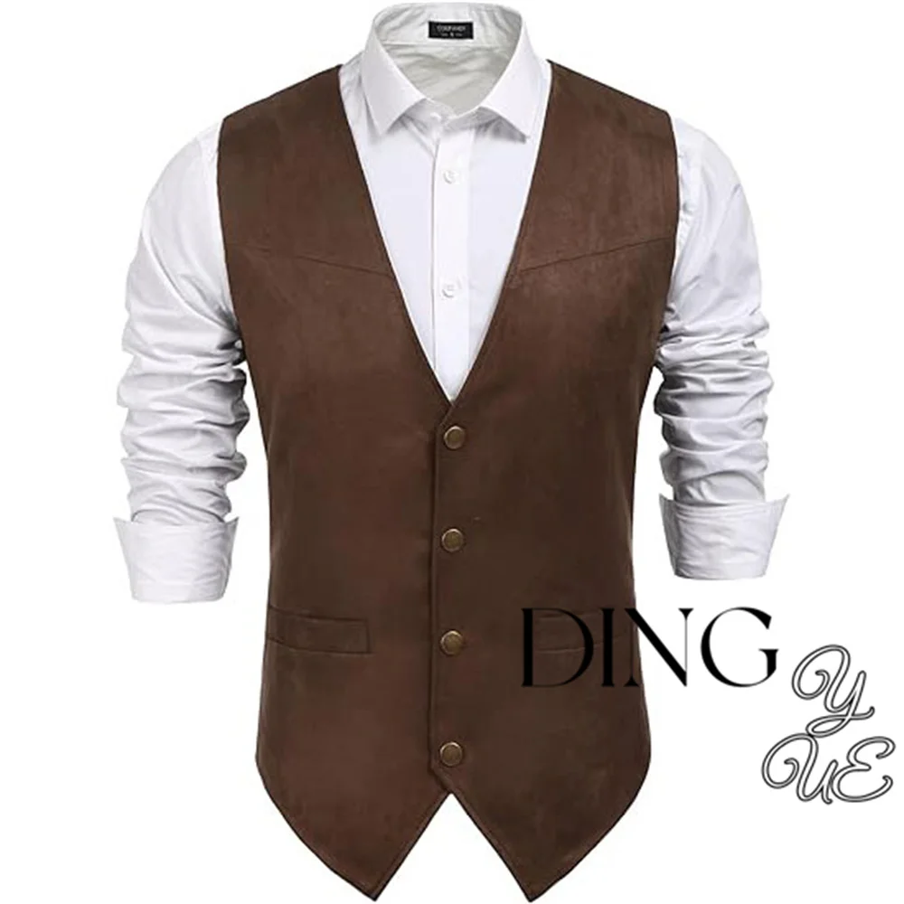 Men\'s Suede Leather Suit Vest Casual Western Vest Jacket Slim Fit Vest Waistcoat