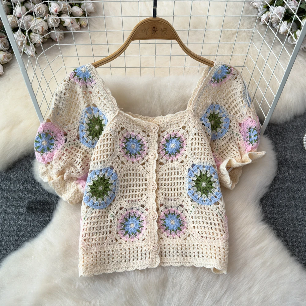 Square Neck Button-up Crochet Top Short Sleeve Granny Square Open-knit Blouse Crop Cardigan for Women Teengirl Fairycore Outfit