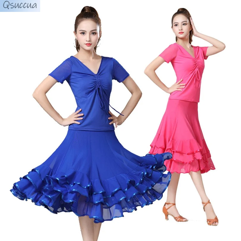 New Dance Clothes Suit National Standard Dance Net Yarn Short-Sleeved Practice Big Swing Skirt Performance Ballroom Dance