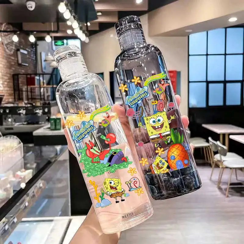 Wasserbecher aus Kunststoff mit Graduierung für SpongeBob, 500 ml/750 ml, Wasserflasche, Anti-Drop-Becher, BPA-FERR, transparenter Becher, SquarePants