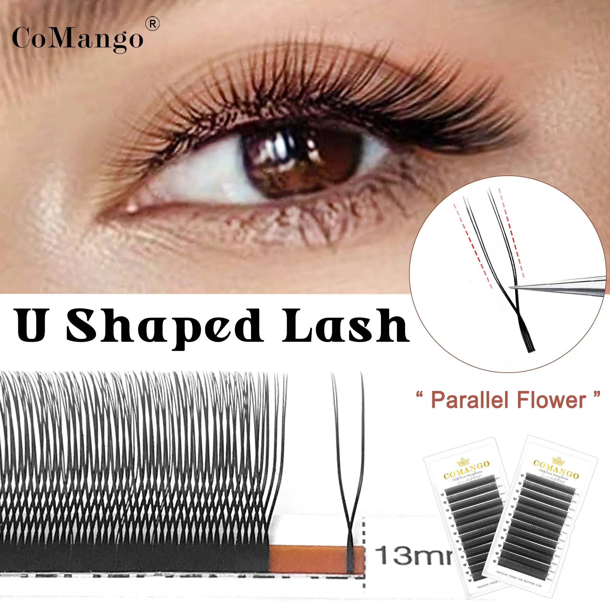 CoMango Przedłużanie rzęs YY w kształcie litery U C / D premium PBT U sahpe YY rzęsy ultra miękkie, lekkie jak piórko sztuczne rzęsy z norek