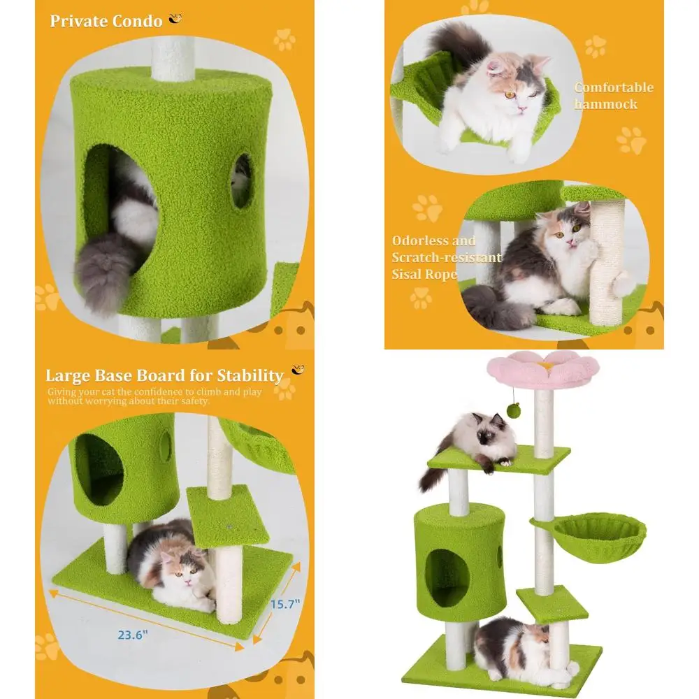 

41-дюймовая зеленая когтеточка с 3 столбами, небольшой башней, гамаком и уютной пещерой для котят, живущих в помещении