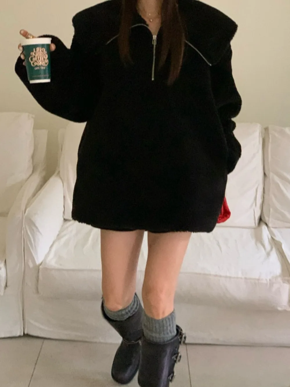 Lamb Fur Coat Women's Loose Thiened Autumn Winter Warm Zipper Sweatirt Large Collar Rabbit Fur Simulation Outerwear