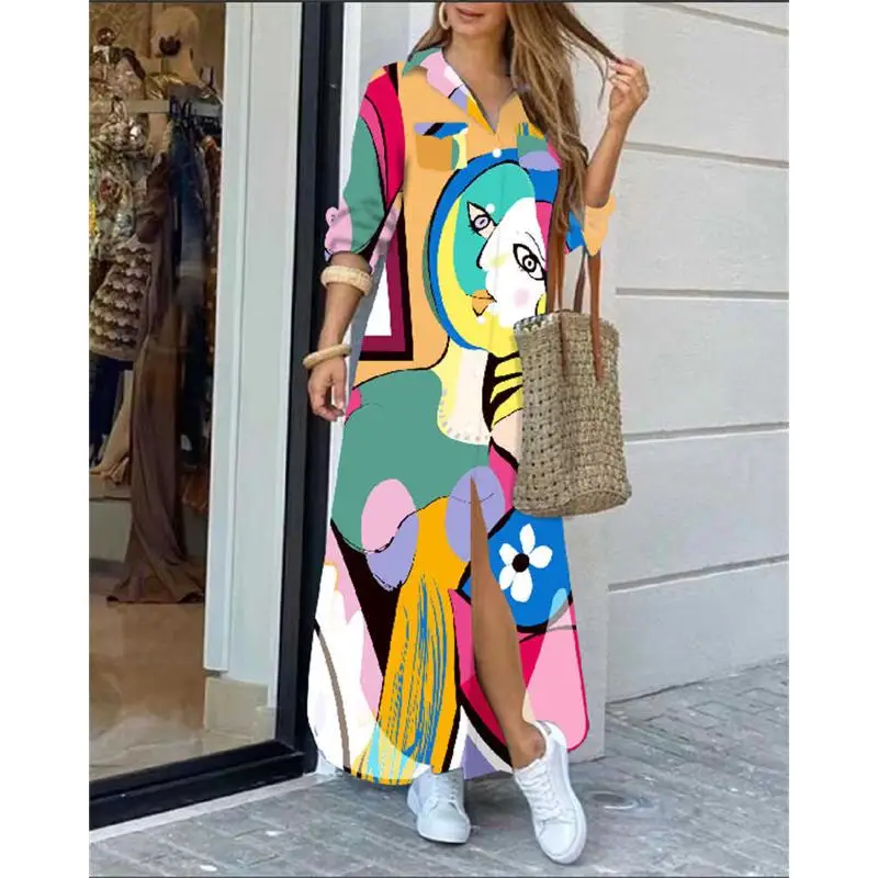 Faionable طويل Sve طباعة طوق Dr المرأة فضفاضة عارضة طويلة Dr Commute Sle عالية الخصر الترا لينة الكتان القطن B...