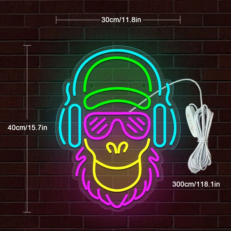 Cute DJ Monkey Neon Lighted Sign Acrylic Neon Signs USB Dimmer Switch For Gaming Room Music Bar Disco Club Party Wall Art Decor