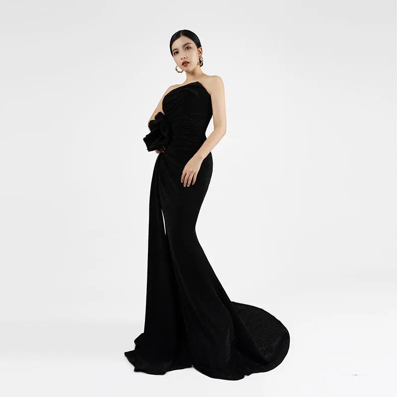 Baisha-vestido de noche personalizado sin tirantes para mujer, falda larga negra, elegante, para fiesta, 2024, H1261