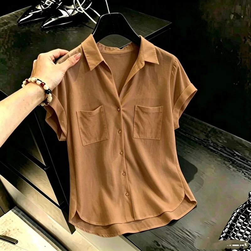 Vintage Pocket Patchwork Button Solid Shirt Tops Women Clothing New Summer Short Sleeve Simplicity Office Blouse Fashion Casual