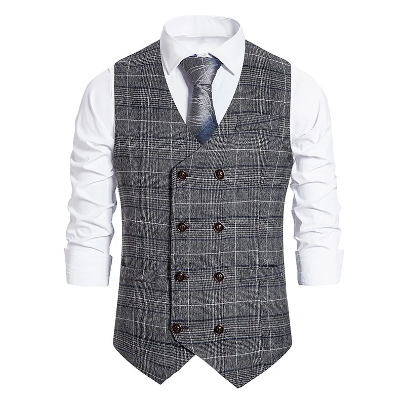 #4829 Grey Khaki Double Breasted Vests Coat Men Regular Fit Business Men\'s Vest Vintage Plaid Sleeveless Blazer Vest Waistcoat