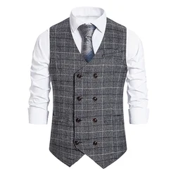 #4829 Grey Khaki Double Breasted Vests Coat Men Regular Fit Business Men's Vest Vintage Plaid Sleeveless Blazer Vest Waistcoat