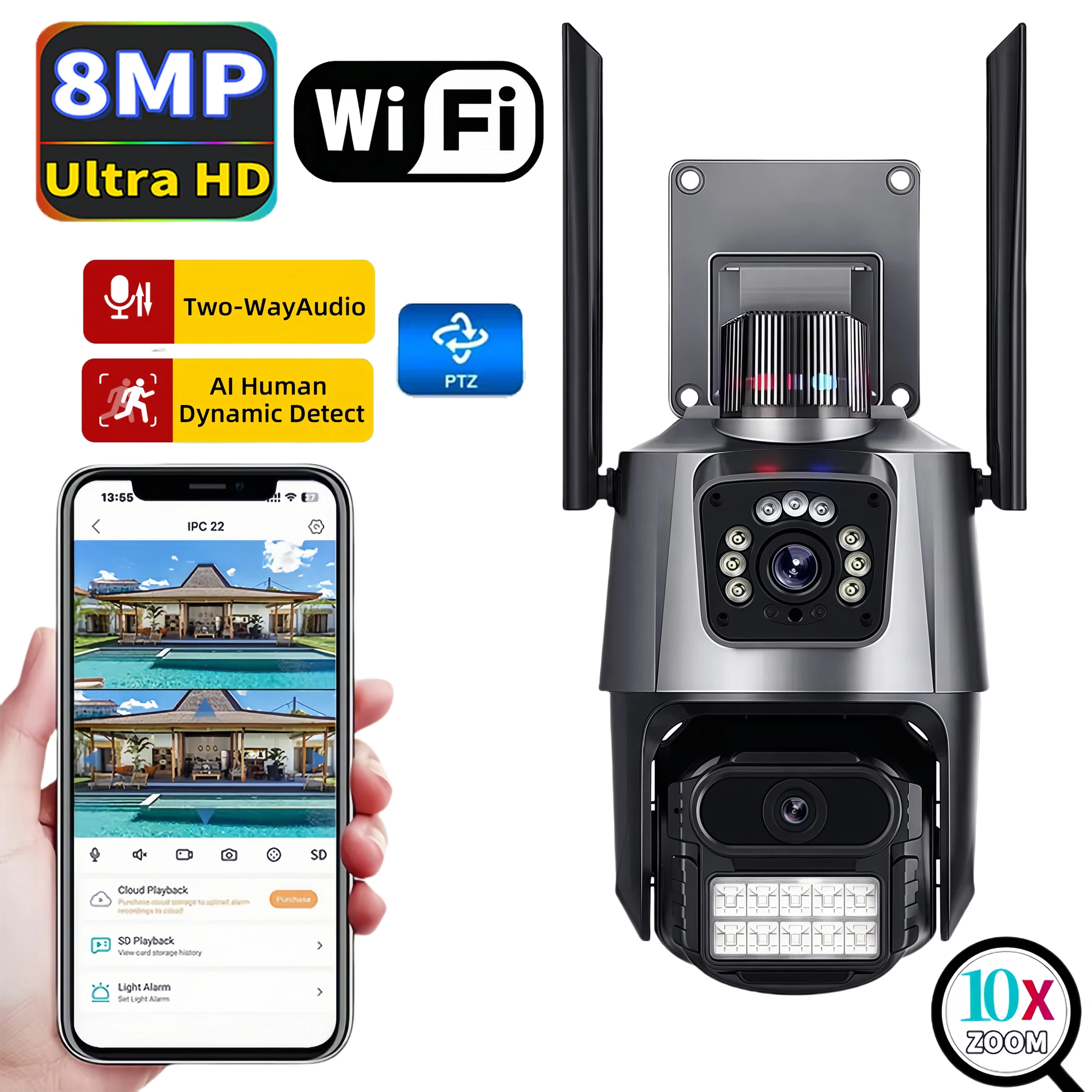 Dual เลนส์ WIFI IP กล้อง 8MP 4K กล้องเฝ้าระวังไร้สายกลางแจ้ง Smart Home Night Vision V380 10X ซูมดิจิตอลกล้องวงจรปิด Camara