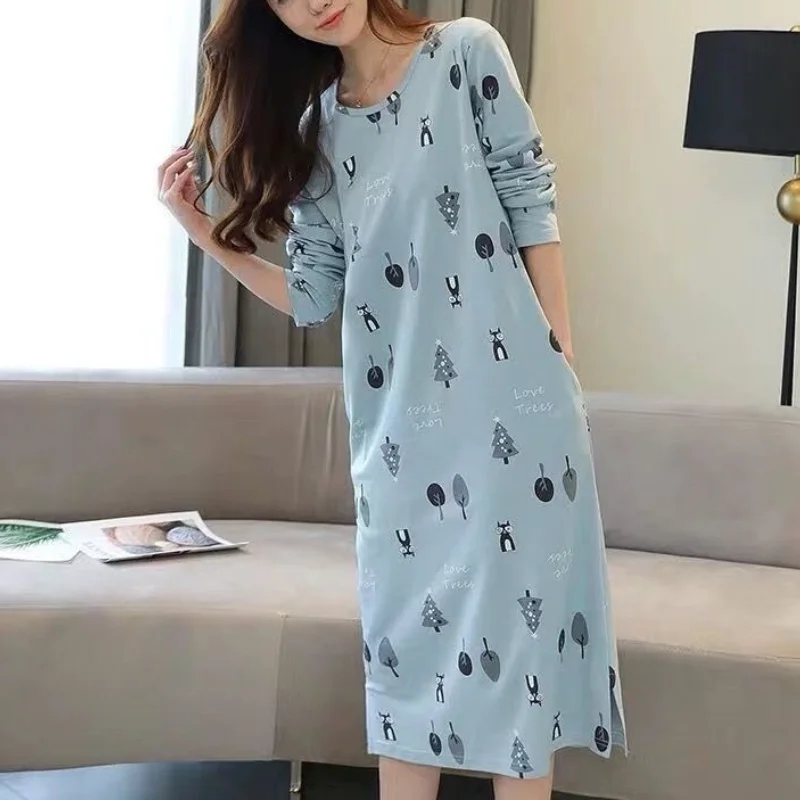 

Female Women Sleeping Skirt Spring Autumn Long Sleeves Nightgowns Pajamas Round Neck Nightdress Casual Kawaii Home Clothes Dress