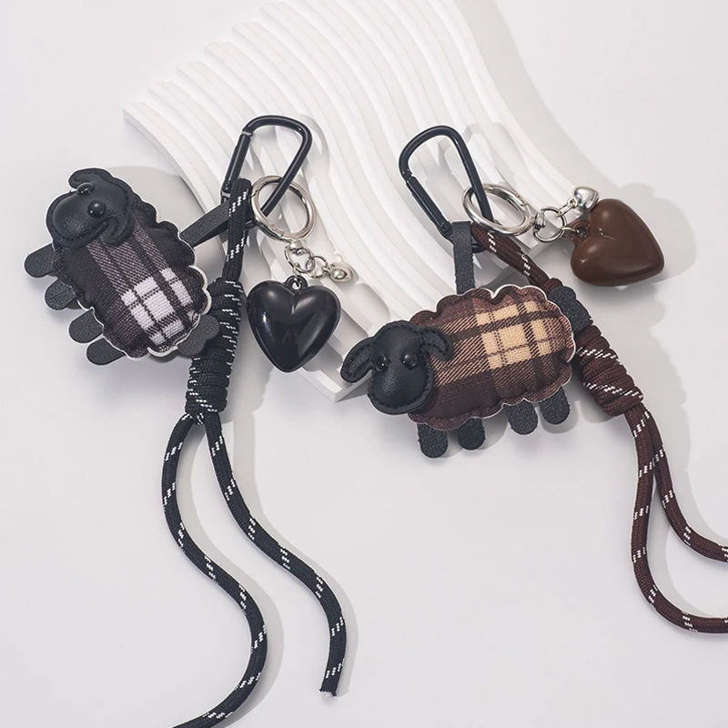 1Pcs New Plaid PU Leather Sheep Keychain Braided Rope Keyring Creative Heart Pendant Phone Strap Purse Decoration Gift