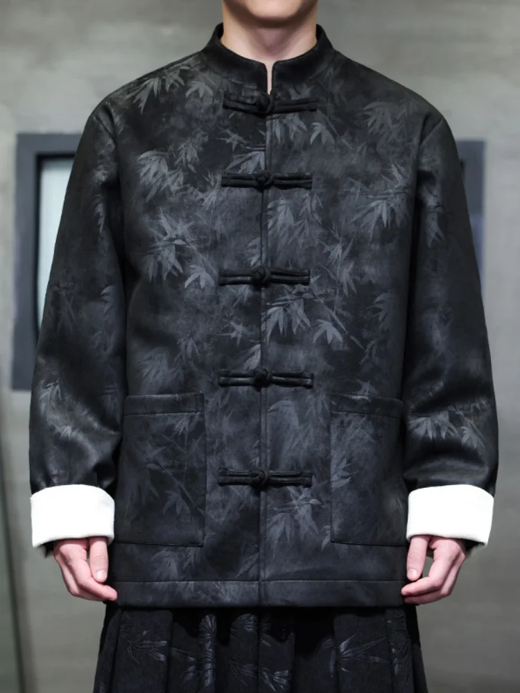 

Men's Suede Jaet Spring Autumn Gold Emed Bamboo Le Collar Traditional Chinese Button Design Faionable Hanfu Outerwear