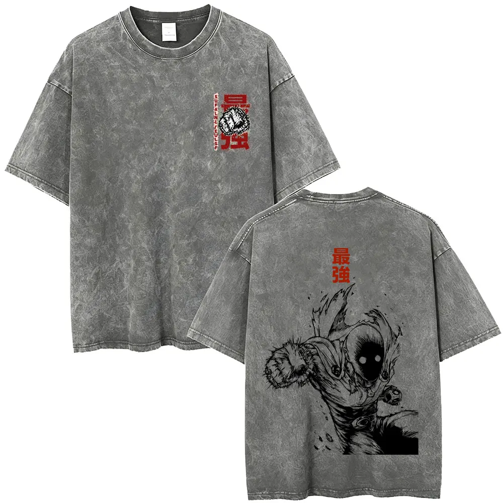 Washed Vintage Anime One Punch Man Saitama Garou Hiller Series Serious Mode Graphic T Shirt Men Women Fashion Oversized T-shirts