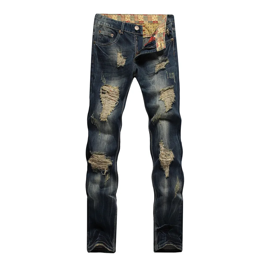 Nieuwe Mannen Gescheurde Denim Broek Mode Casual Jeans Rechte Hoge Kwaliteit Potlood Broek Vintage Donkerblauwe Kleur Mannelijke Dropship