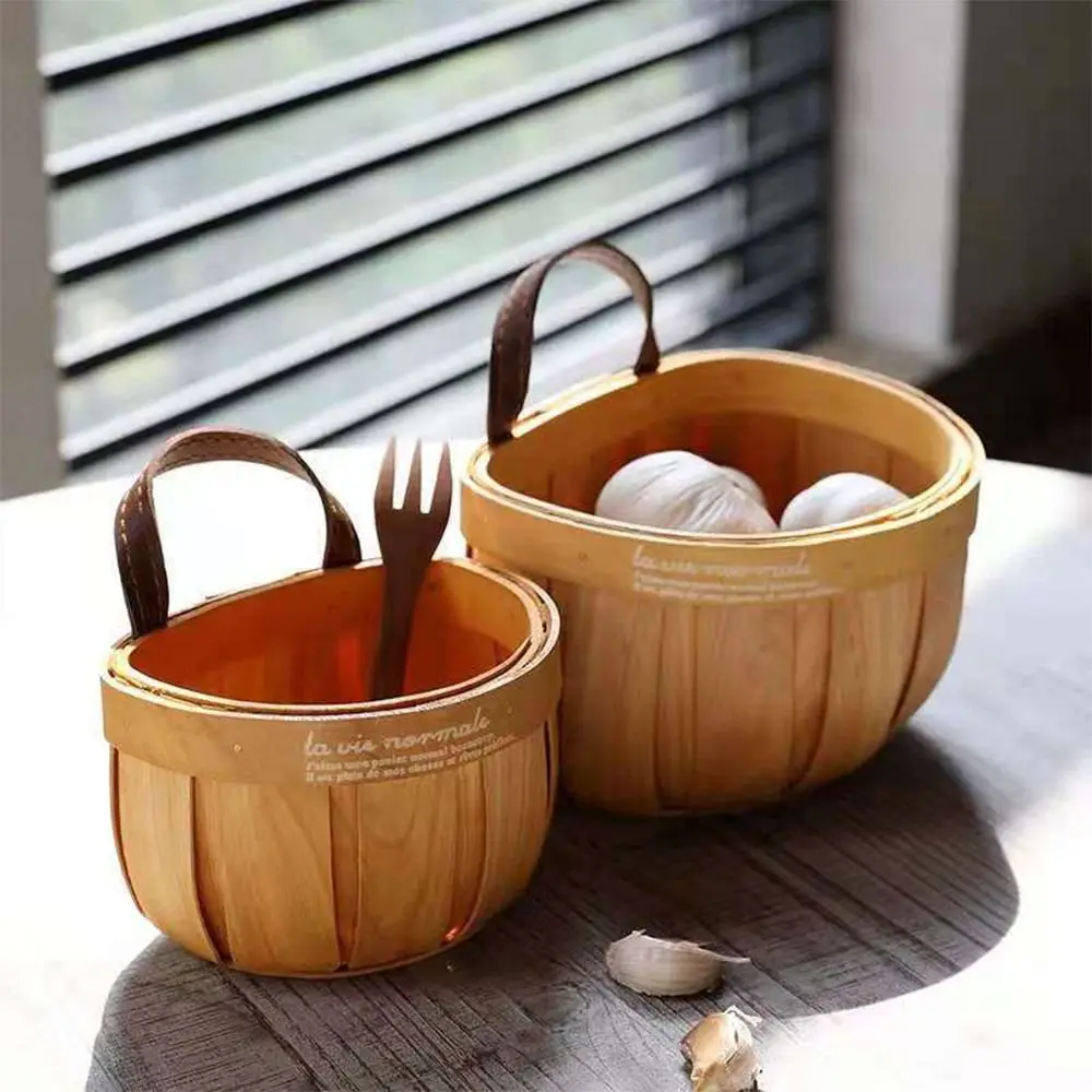 سلة تخزين خشبية للمطبخ بمقبض ، خشب ، سلال منسوجة يدويًا ، منظم متنوع ، خضروات ، فواكه ، زهور ، ديكور منزلي #1