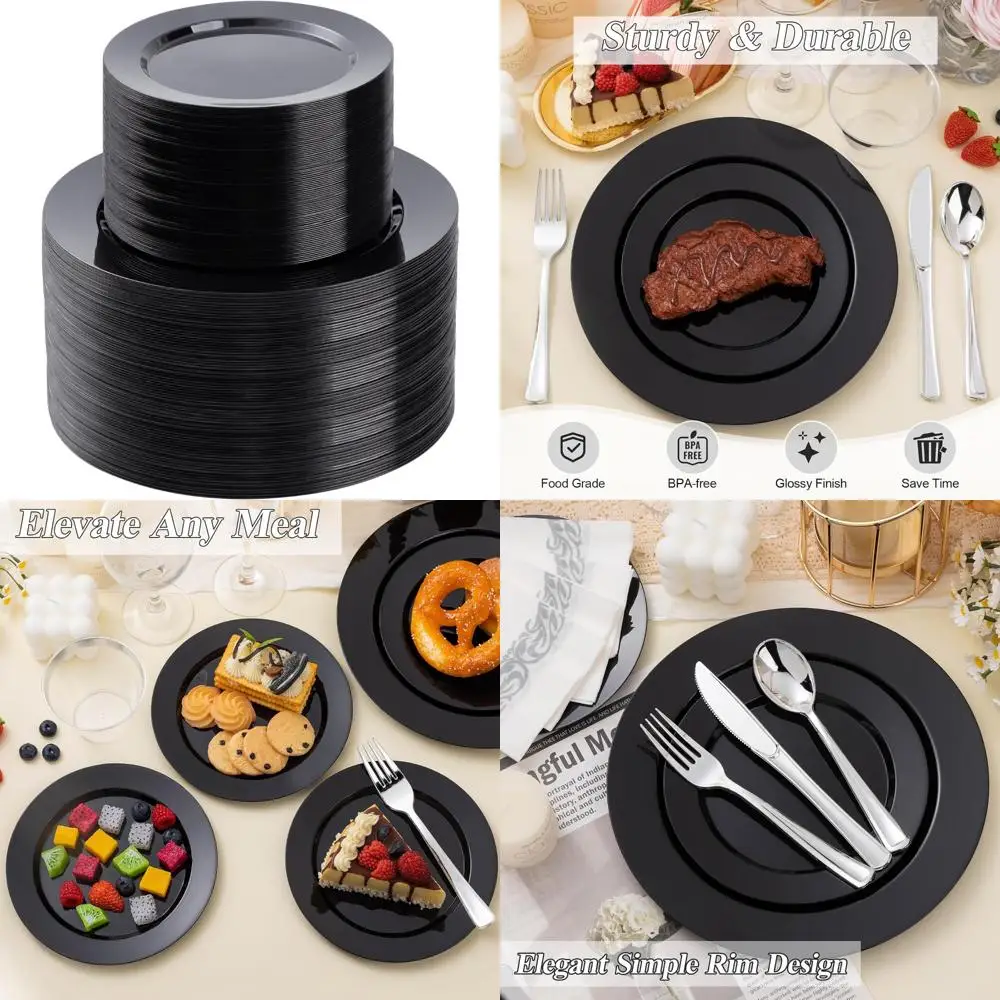 

Disposable Black Plastic Dinner and Dessert Plates Set, 100 10.25 Dinner Plates and 100 7.5 Dessert Plates, Premium Quality for