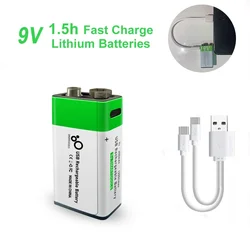 9V Lithium Ion Rechargeable Battery Type-C USB Battery 9V Multimeter Lithium Microphone Metal Detector Cable Remote