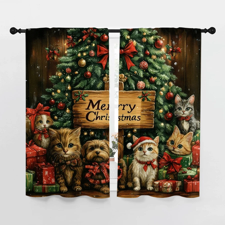 2PCS Christmas Digital Print Curtains, Xmas Tree Cute Cats Kittens Merry Sign, Adorable for Living Room Bedroom Window Decor
