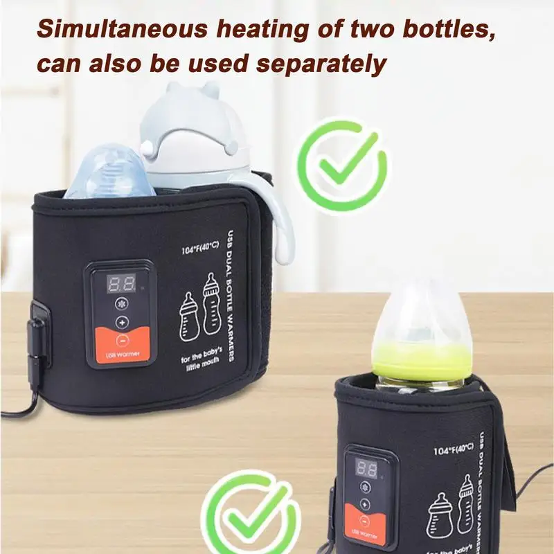 Calentador de botellas termostático portátil con USB, Control inteligente de temperatura, doble botella, protector de calor de leche de viaje