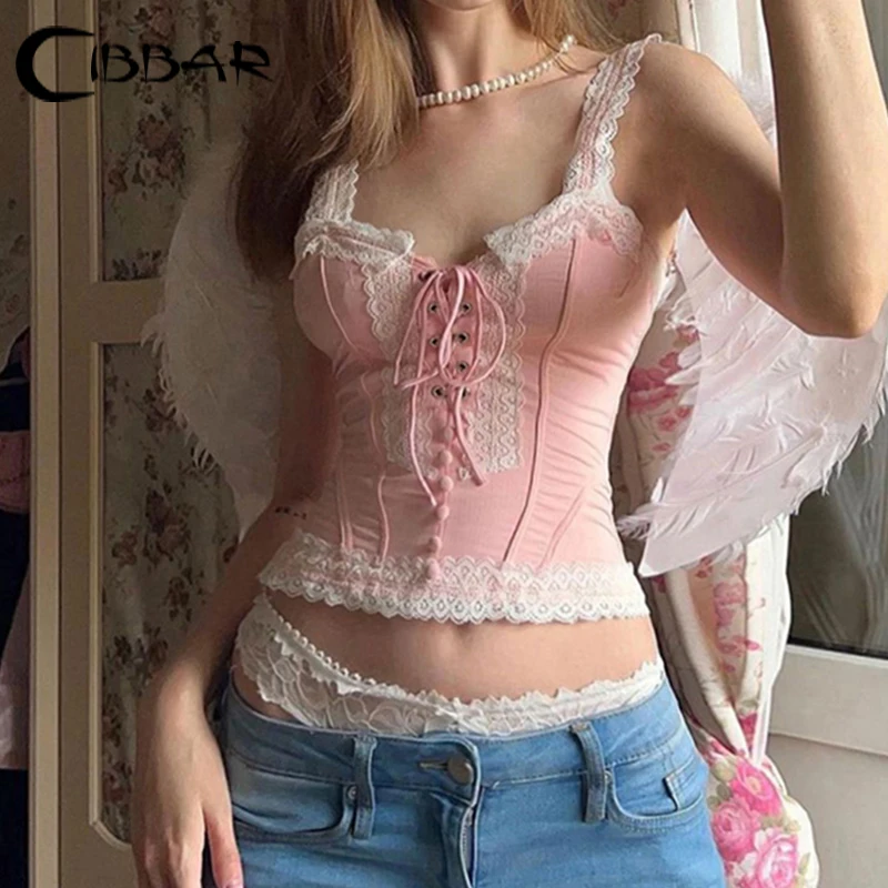 CIBBAR Coquette Pink Corset Top Vintage Lace Patchwork Bandage Crop Tops Women Summer Kawaii Tees Ladies Cute Vest y2k Aesthetic