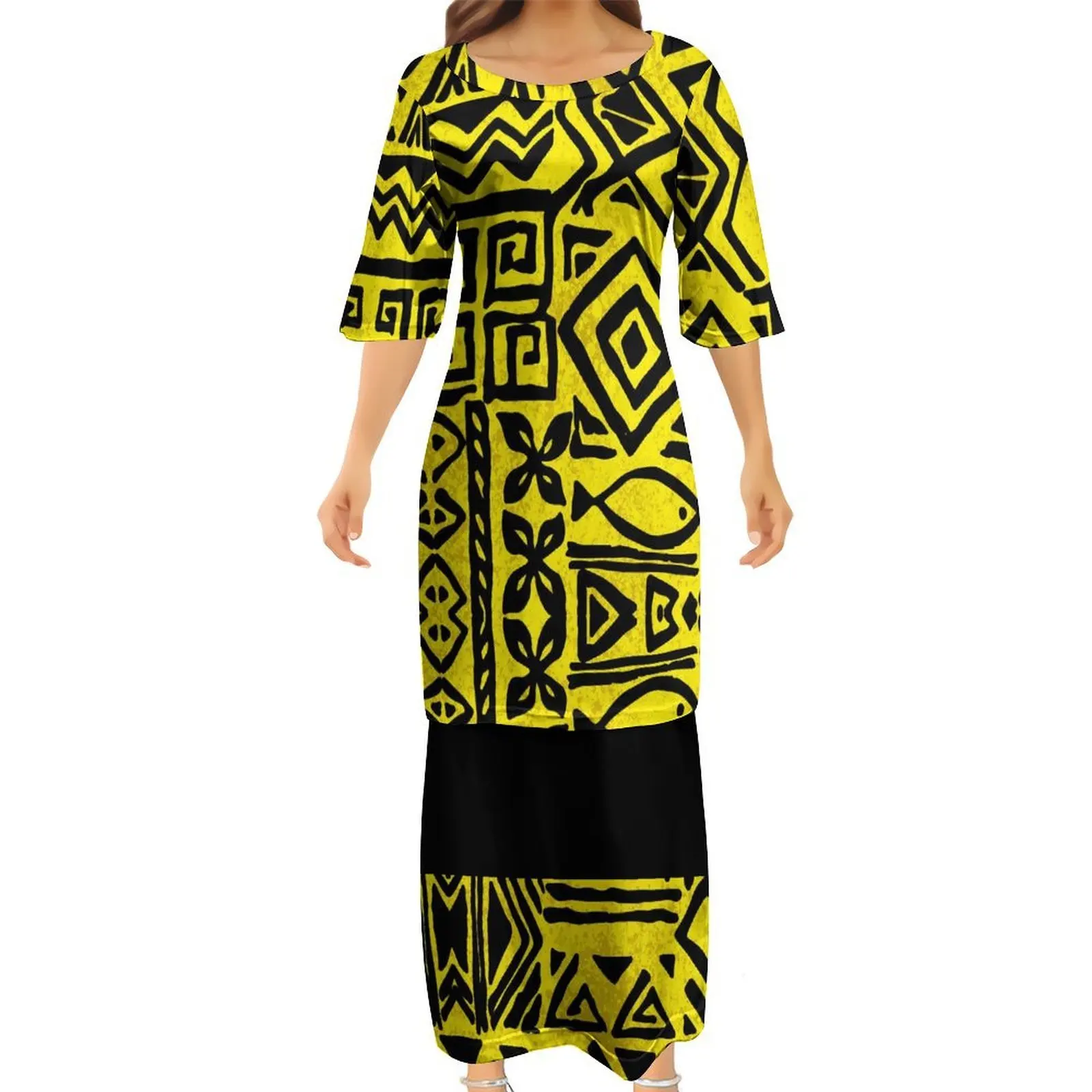 High-Quality Soft Fabric Custom-Made Women'S Dress Polynesian Puletasi Summer Round-Neck Short-Sleeved Loose 2-Piece Set